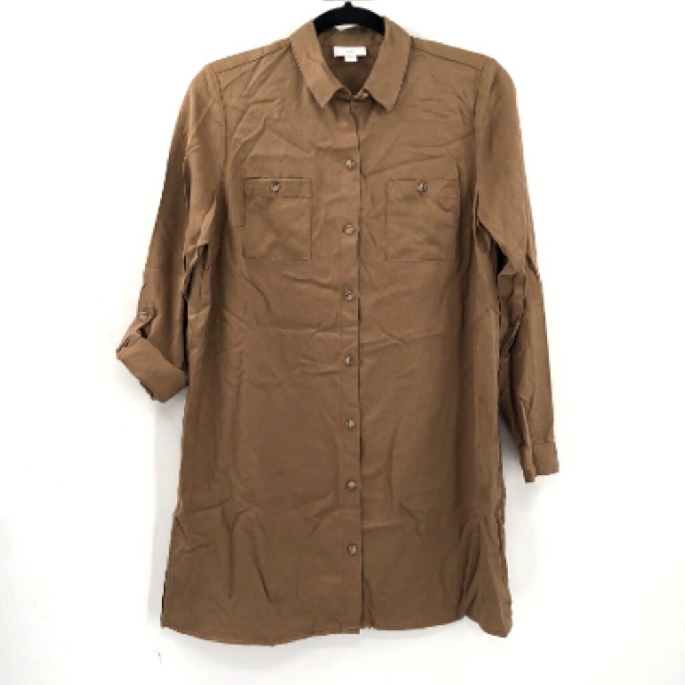 J.JILL Tunic Top Tencel Lyocell Camel Tan Roll Tab Sleeve Blouse XS Flowy Women